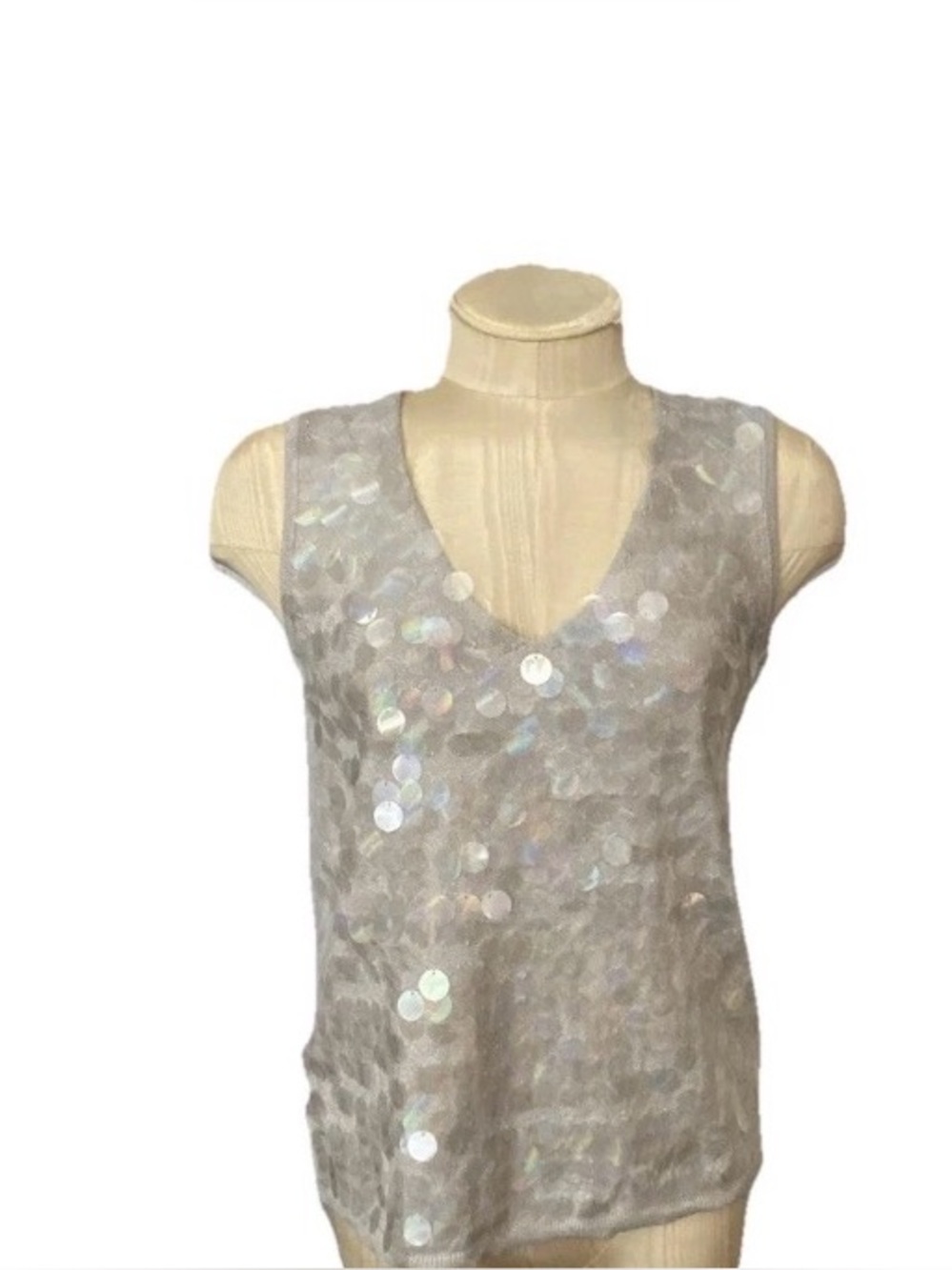 Chico's Size 0 Big-Clear-Sequin Silver Metallic Tank Sweater Sleeveless Top